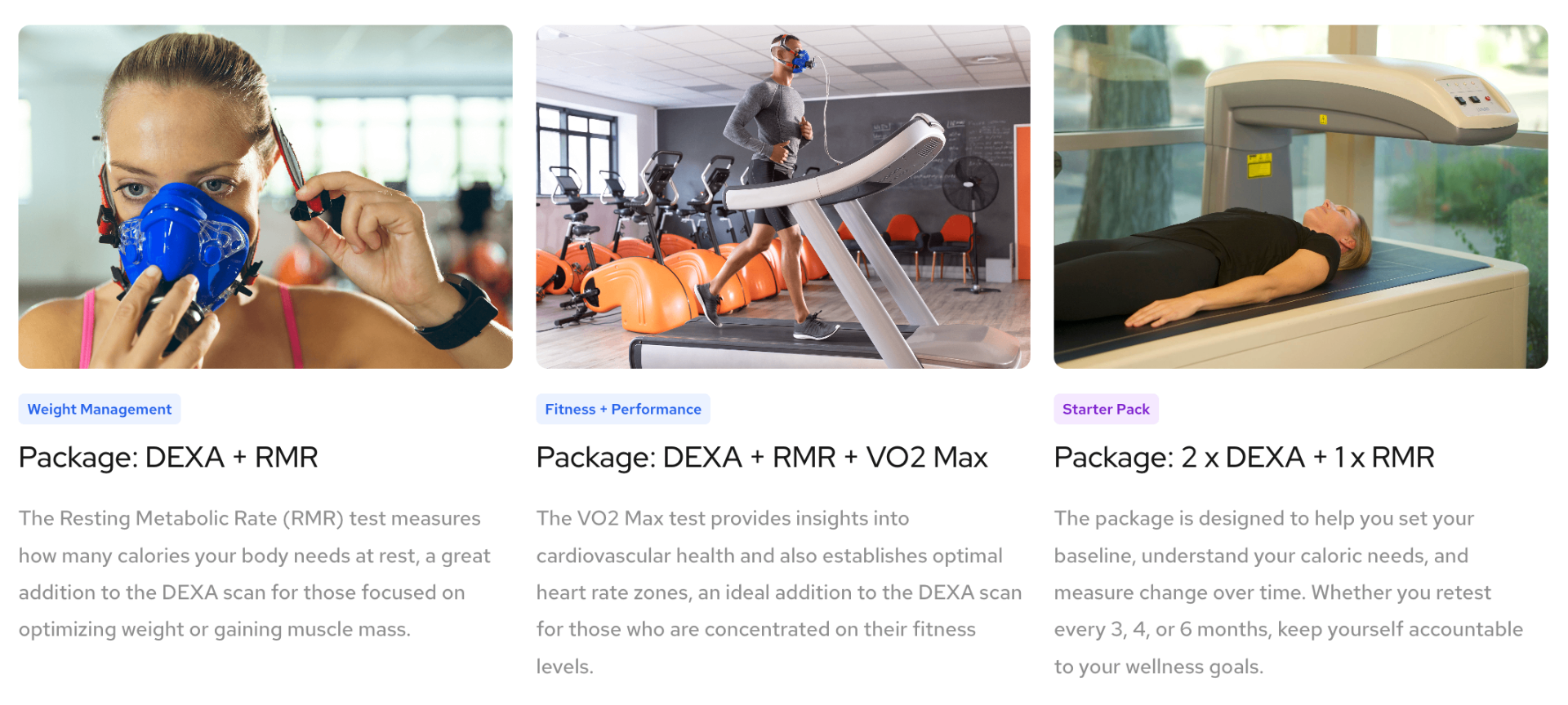 Featured Fitnescity packages: DEXA + RMR, DEXA + RMR + VO2 Max, and 2x DEXA + 1x RMR